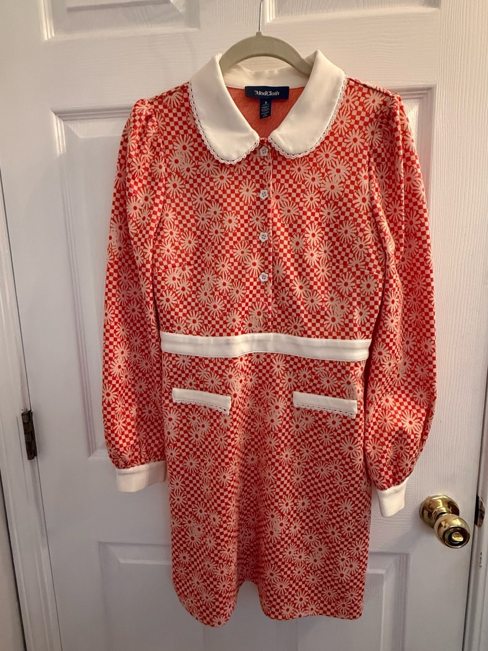 Modcloth Orange and White Daisy Knit Dress with Peter Pan Collar